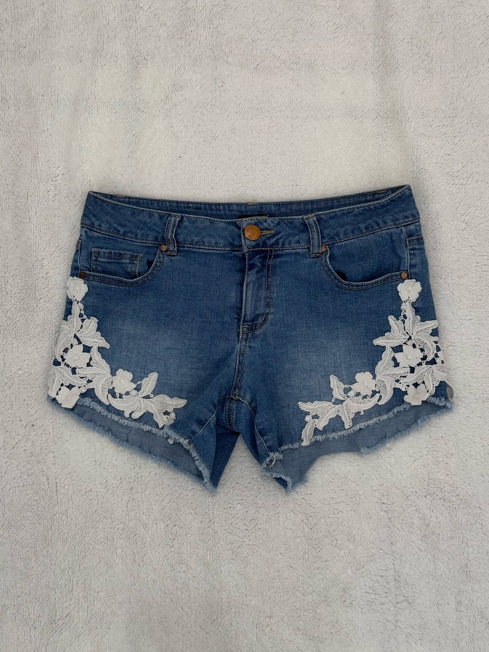 Copper Key Blue Denim Shorts with White Lace Detail